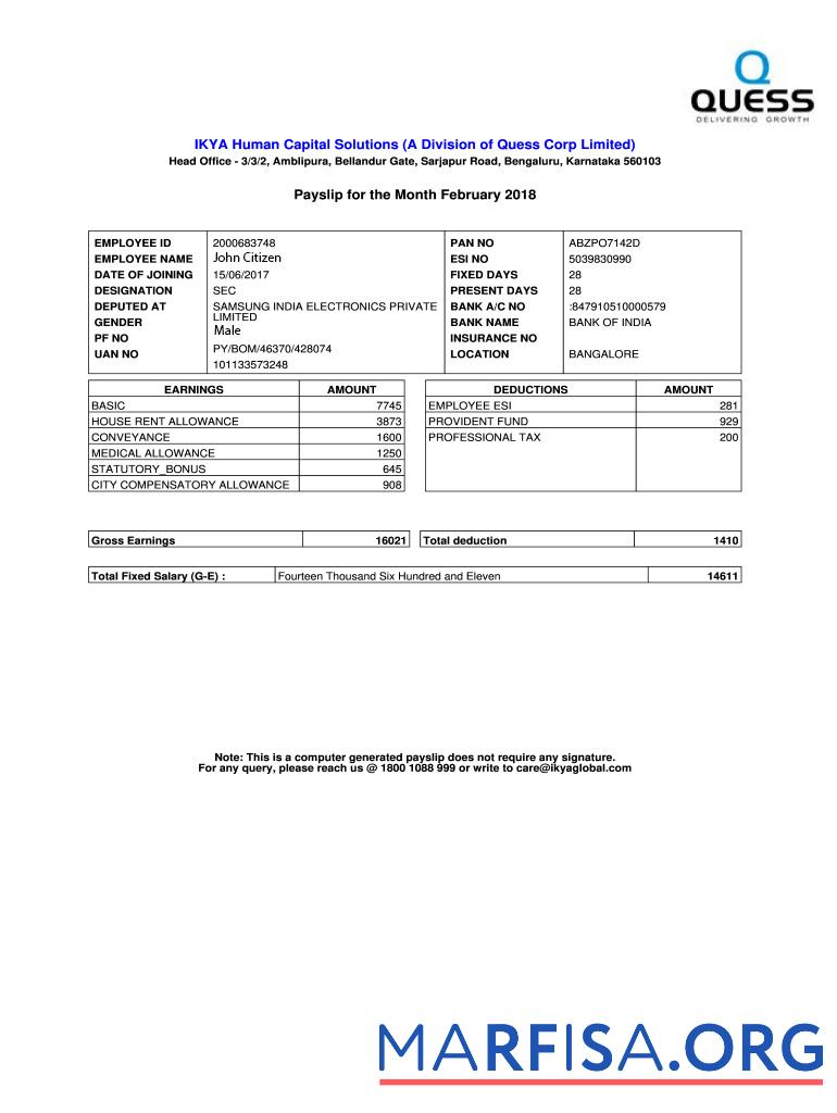 Blank India IKYA Human Capital Solutions payslip example